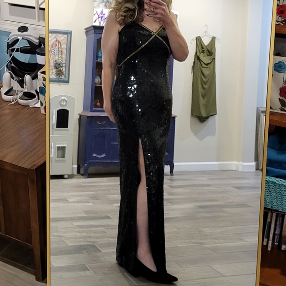 Scala Black Sequin Formal Gown with Gold Sequin Beading Detail High Slit Size 10 - Picture 6 of 10